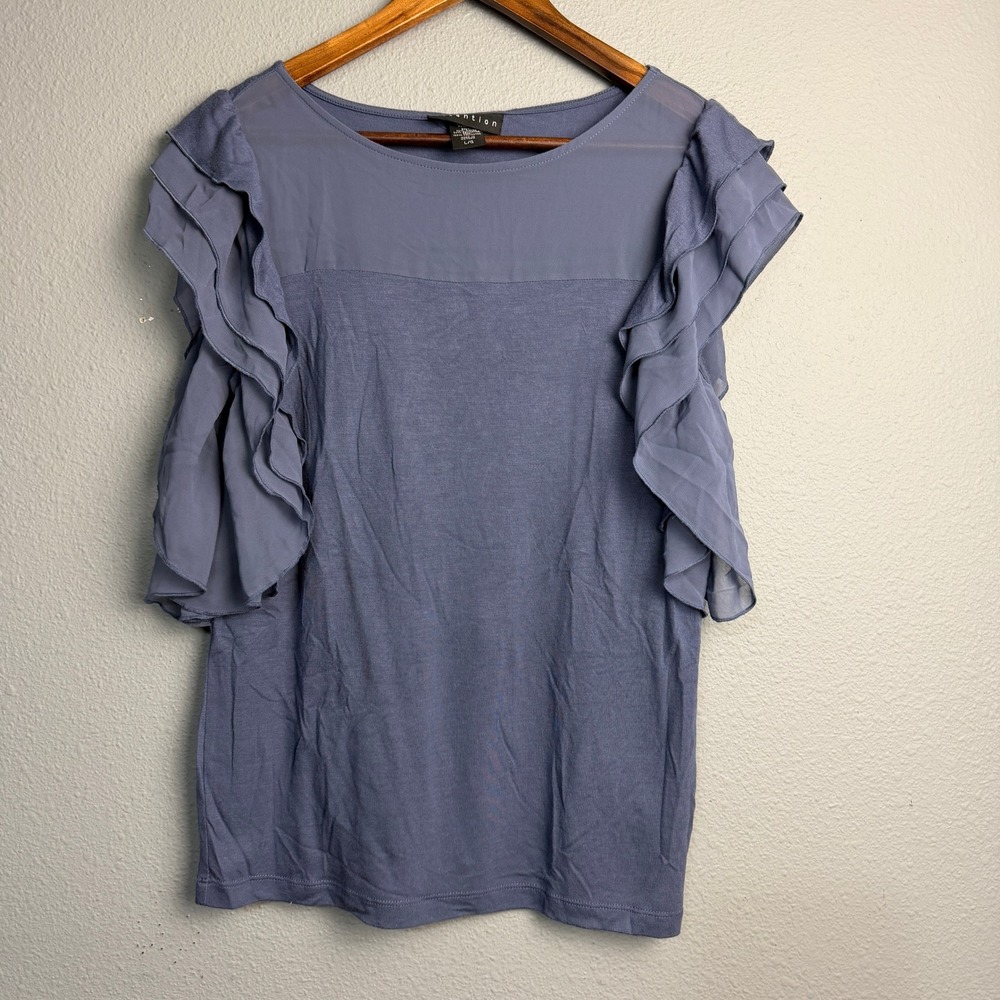 Attention Women's Blue Sheer Sleeveless Ruffle Flutter Cap Sleeve Blouse Size Lg